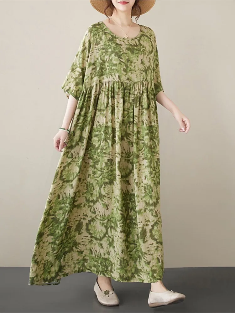 Robe longue plissée à imprimé floral pour femmes, robes à volants pour femmes, manches courtes, décontracté, été, mode