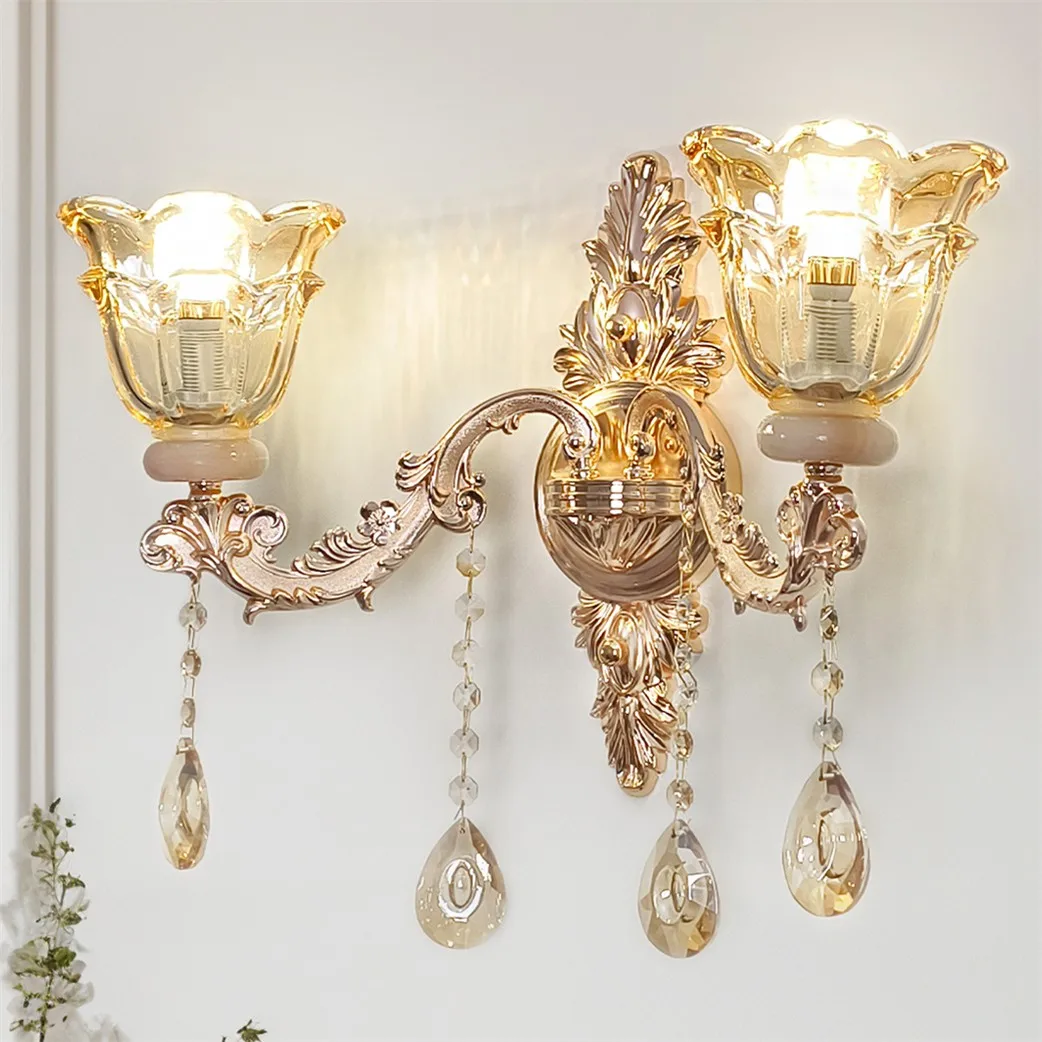 Antique Gold Floral Wall Sconce with Clear Crystals Lampshade Wall Lighting for Entrance Bedroom Hallway Decor