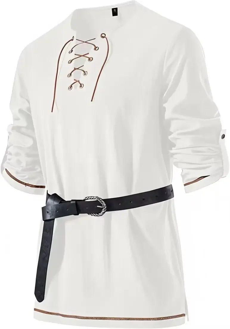 Mittelalterliches Schnürhemd für Herren mit Gürtel, langärmelig, Vintage-Piraten-Wikinger-Oberteil, Halloween-Cosplay-Kostüm, lässige Bluse – Detail 32