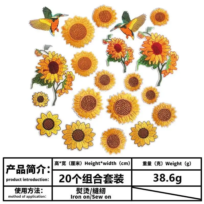 Sunflowers Embroidery Patches Hummingbird Iron on Patch Stickers Embroidered Label Thermo Adhesive Clothes DIY Sewing Supplies