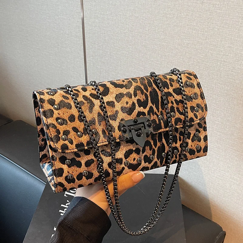 Rivet Chain Brand Designer Pu Leather Crossbody Bags For Women 2024 Retro Leopard Pattern Shoulder Bag Luxury Small Handbags