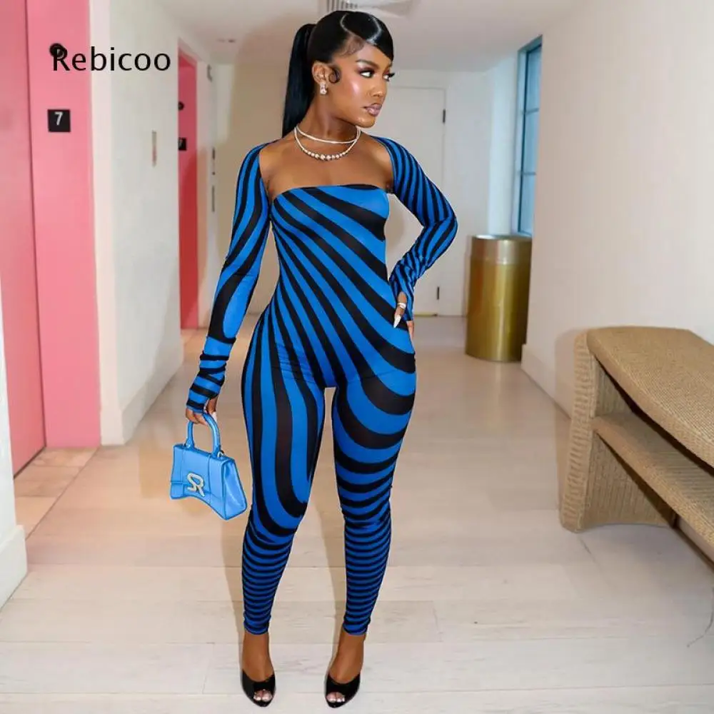 Ladies Long Sleeve Striped Pattern Romper One Shoulder Slim Full Length Design For Theme Party And Night Time Wear