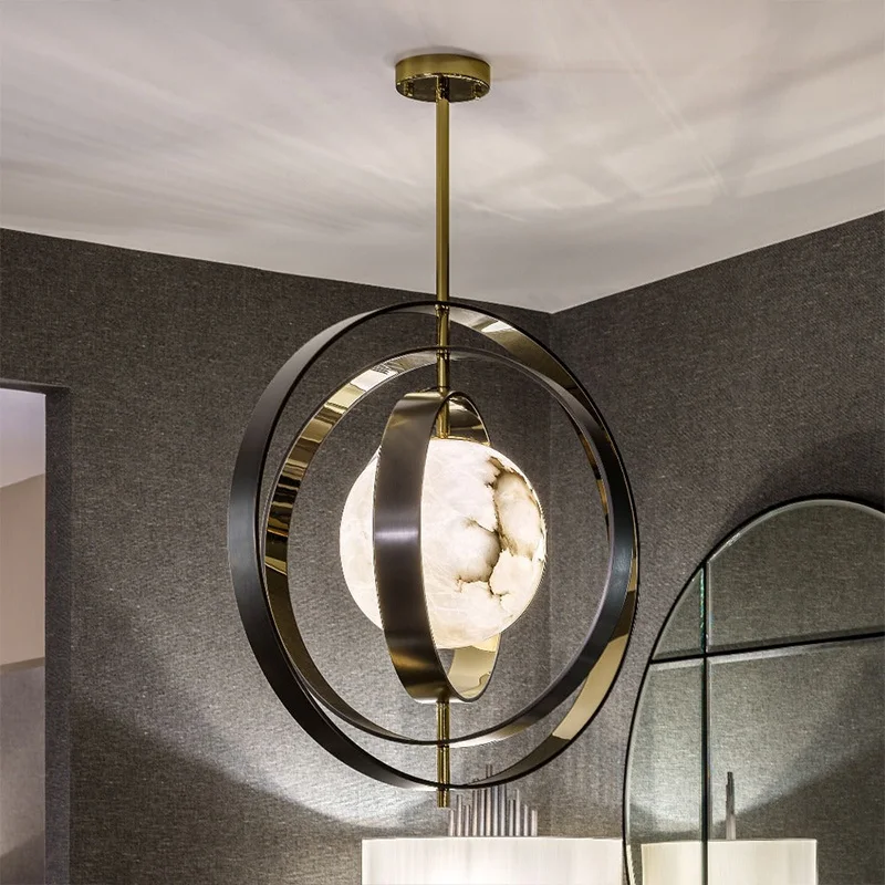 Round Metal Ring Pendant Light with Natural Marble Globe and Three Color Adjustable for Living Room Dining Room Decor