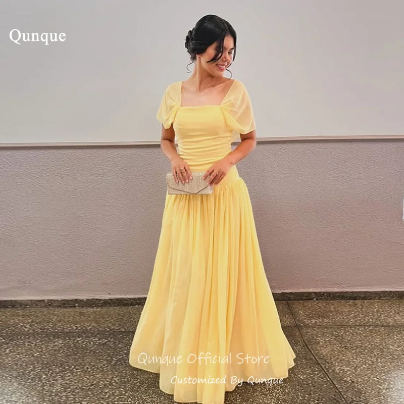

Qunque Yellow Chiffon Long Evening Dress A Line Pleated Vestidos De Fiesta Elegantes Off Shoulder Robes De Soirée Customized