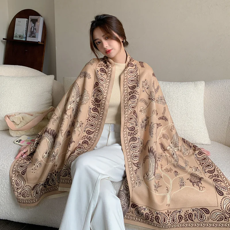 Luxury New Air-conditioned Room Shawl with Winter Ethnic Style Imitation Cashmere Scarf Female Blue Bird Cashew Nut Warm Scarf