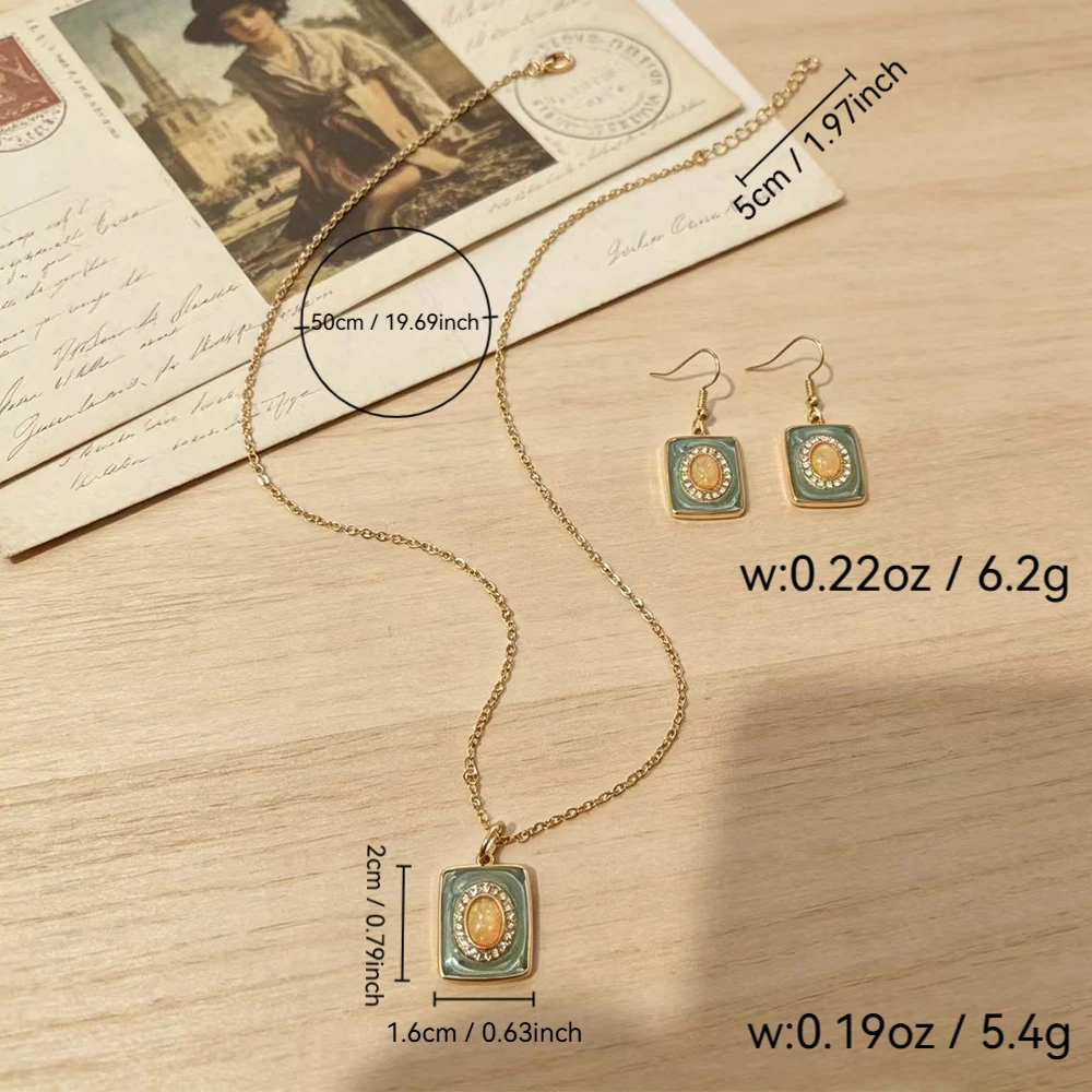 French Retro Mint Green Jewelry Set, Imitation Opal Diamond-Encrusted Square Necklace and Earrings Two-Piece Set