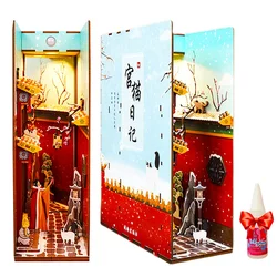 DIY Miniature Book Nook Puzzles Doll House Bookshelf Insert Diorama 3D Wooden Bookend With Led Cat Diary of Palace Handmade Gift