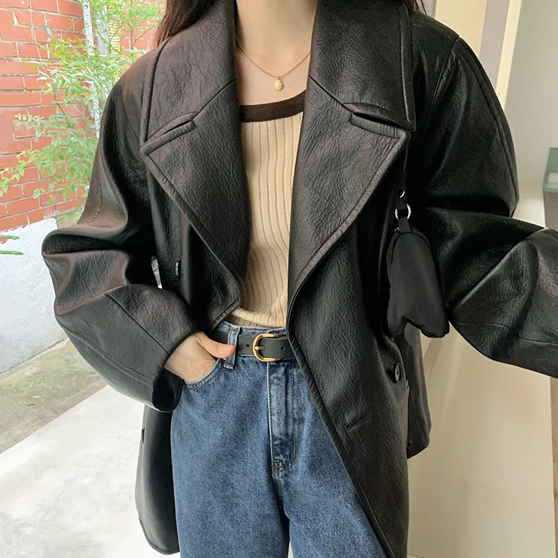 

Chic Retro Women's Loose Long Sve Leather Jaet Double Breasted Suit Collar Biker Coat Casual Outerwear PU Material