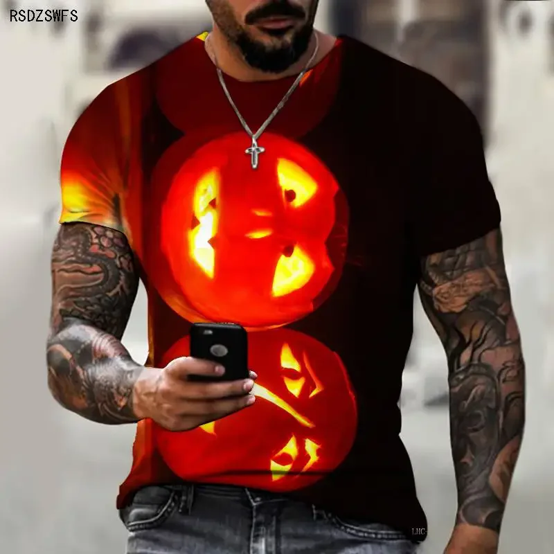 Halloween Pumpkin Lantern Festival Must-have 3D Printing Men’s Shirts Round Neck T-shirts Street Fashion Style Oversized Casual