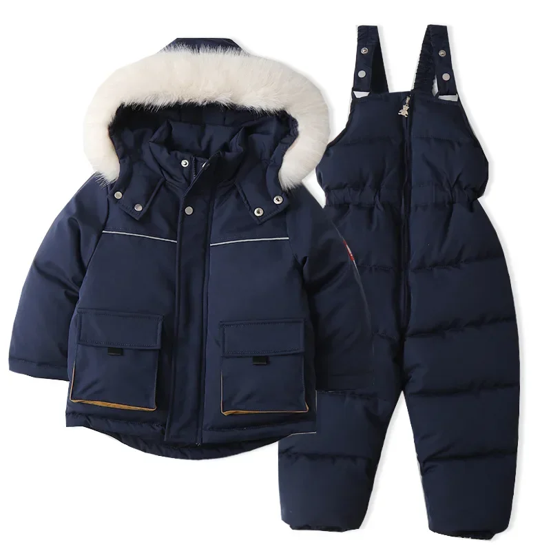 

2Pcs New Winter Kid's Ski Clothes Set Boys Thicken Fur Lining Hooded Coats & Overalls Set Girls Warm Snowsuit 2-5Y