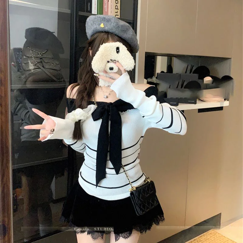 

Контрастный цветной полосатый бандажный свитер с разрезом на шее, женский осенний милый облегающий короткий вязаный пуловер с длинными рукавами