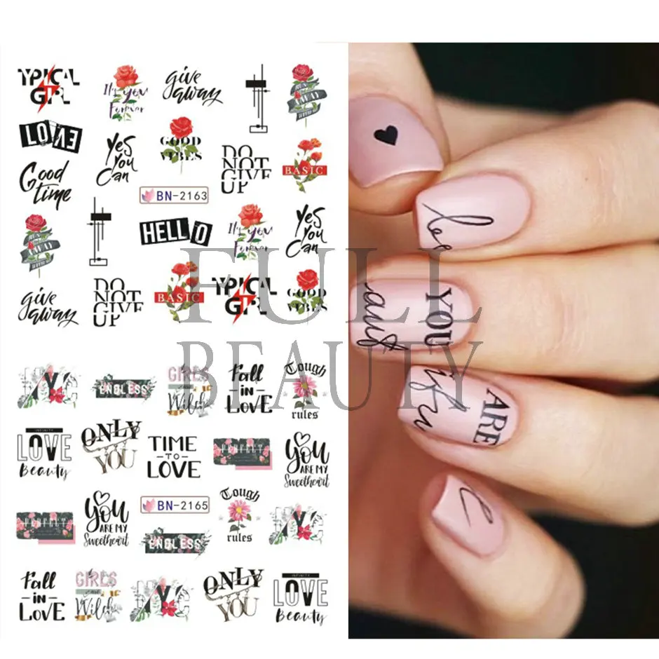 English Letter Line Water Stickers for Nails Rose Leaves Transfer Sliders Decals Leopard Print Manicure Decoration GLBN2161-2172