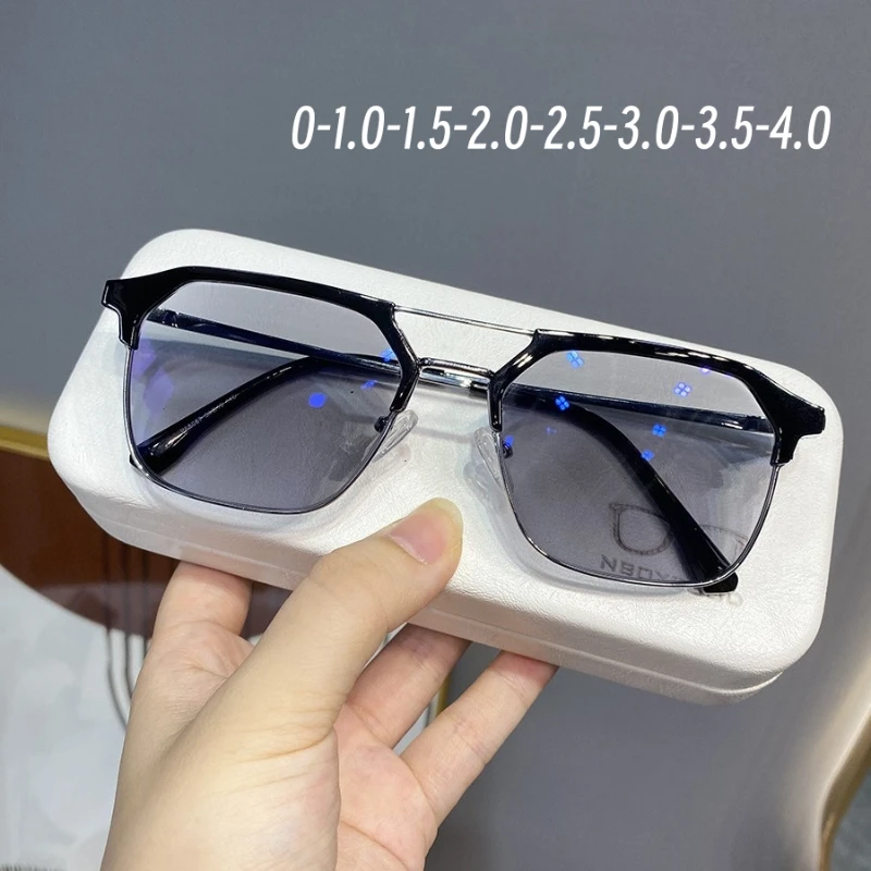 

New Metal Double Beam Anti Blue Light Photochromic Myopia Glasses Anti UV Photosensitive Color Changing Near Sight Glasses