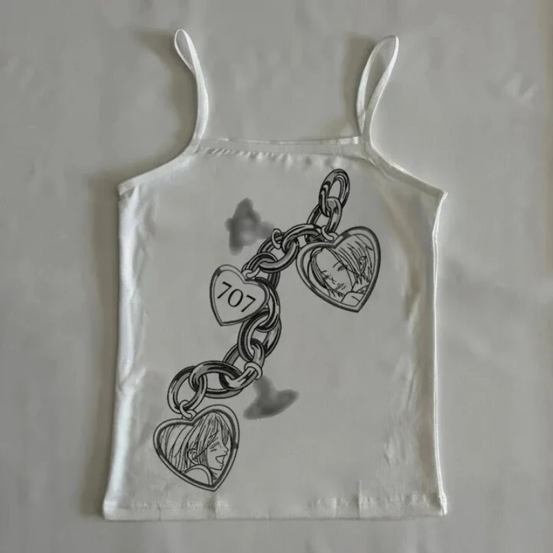 Y2K Anime Heart Chain Print Cami Tank Top Women Sleeveless Spaghetti Strap Slim Fit Crop Top Vintage Aesthetic Gothic Streetwear