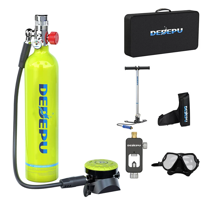 

DEDEPU Portable 1L Mini Scuba Tank with Manual Pump – 25 Minutes of Underwater Breathing, Backup Air Cylinder