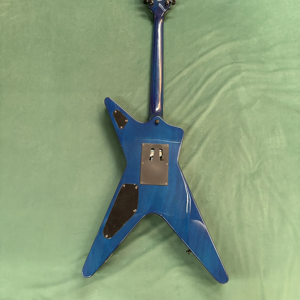 Blue 6-string electric guitar, double vibrato joystick, guitar solo playing guitar, colorful lightning pattern panel