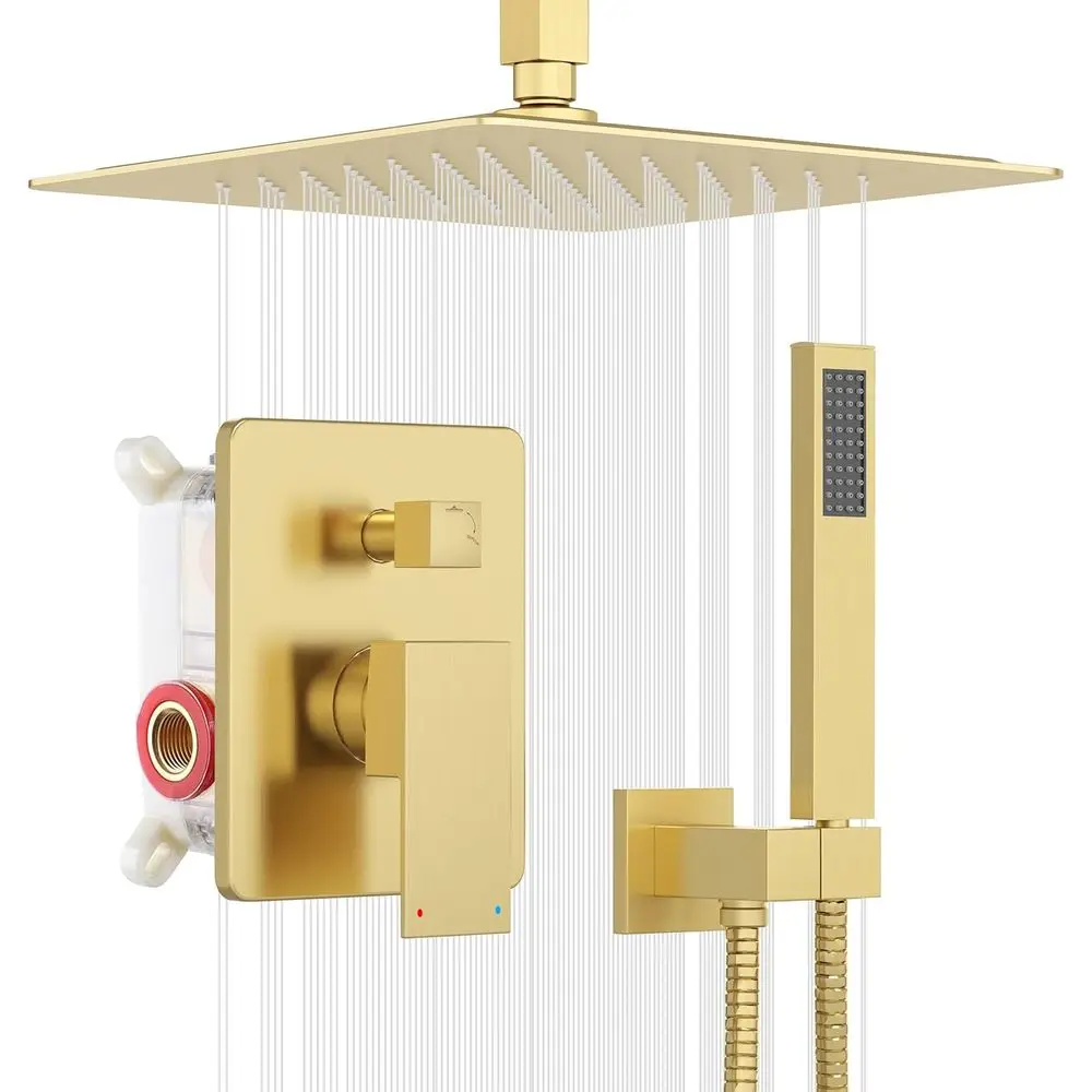 

12-дюймовая цельнометаллическая потолочная душевая система с тропическим и ручным душем, отделка матовое золото