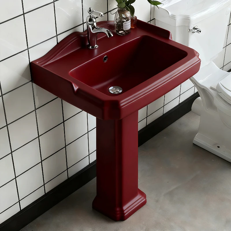 

French retro style red ceramic column basin, bed and breakfast small apartment bathroom floor type