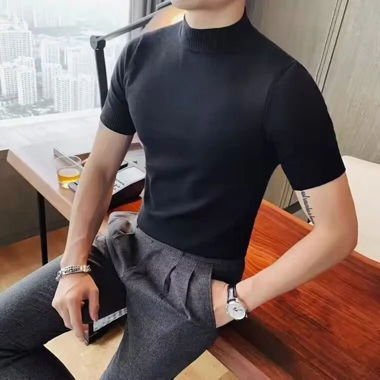 Half High Collar Men T-shirt New 2024 Spring Short Sleeve Solid Color Sweater Pullover T Shirt Slim Knitted Tees Top