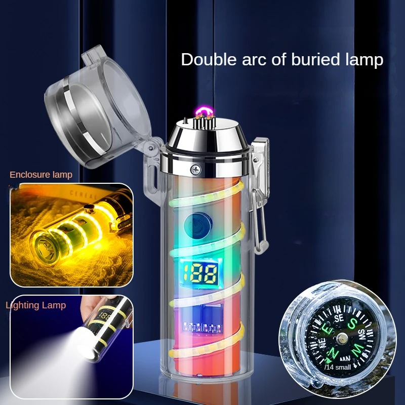 Double arc lighter with ambient light, outdoor lighting, with Compass, multifunctional emergency flashlight and lighter in one