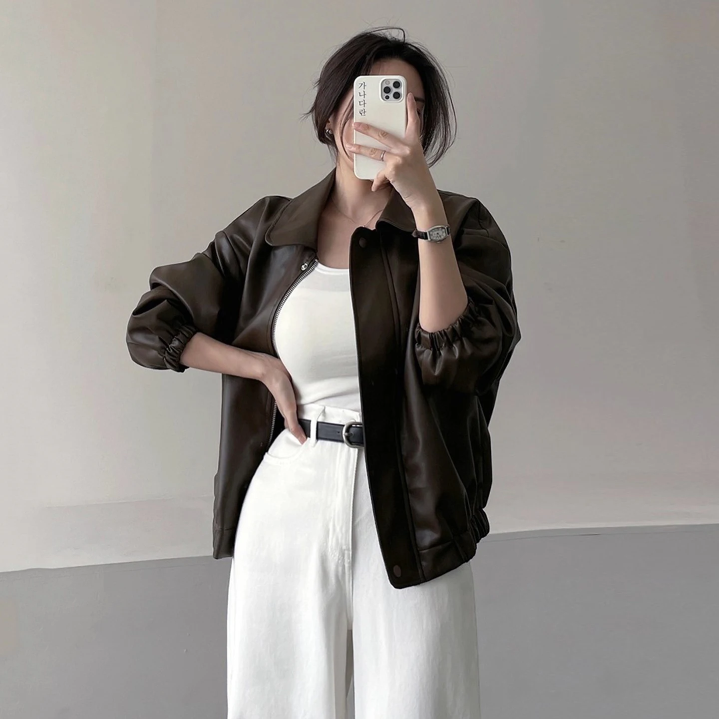 Ropa Retro de gama alta de cuero PU con cremallera para motocicleta, abrigo superior holgado para mujer, novedad de otoño