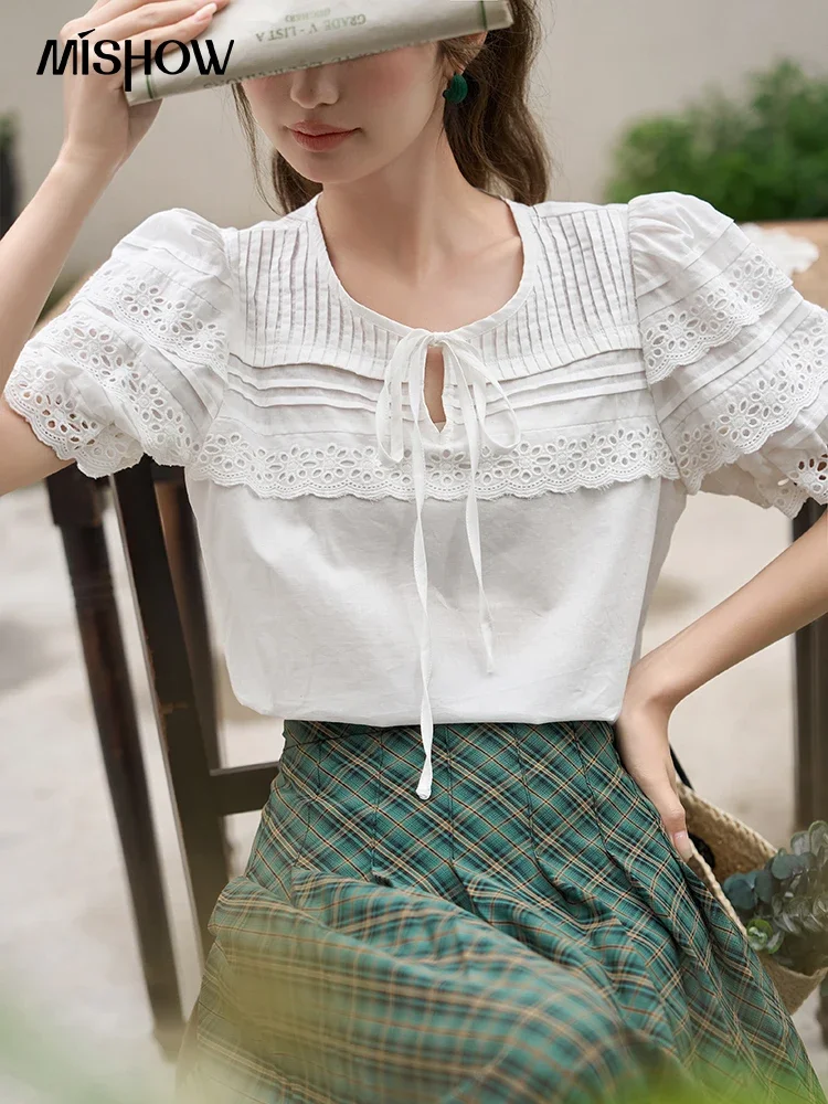 MISHOW French Lace Top for Women Summer 100Cotton Sweet O Neck Lace-up Puff Sleeves Female Elegant Solid Blouses MXC35X0061