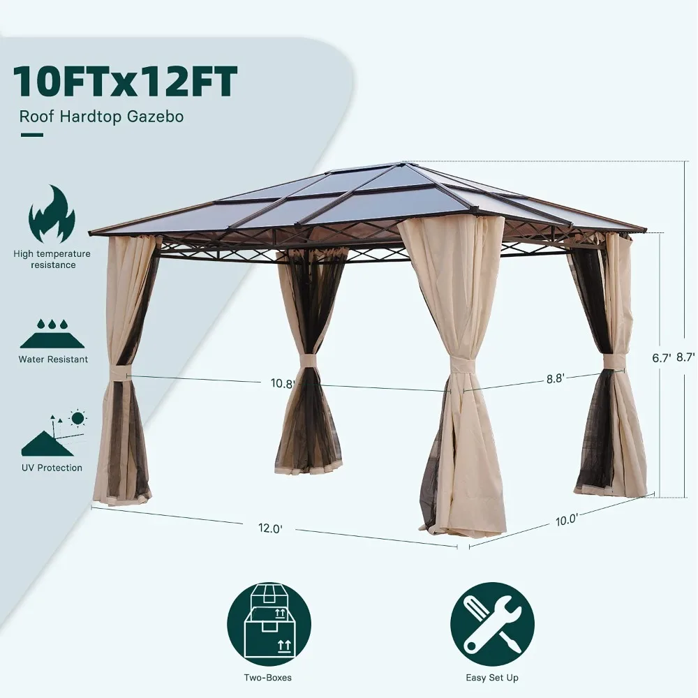 

10x12 Gazebo, Hardtop Gazebo, Single Roof Pergolas Metal Aluminum Frame UV 50+ Outdoor Canopy with Mosquito Netting, Customized