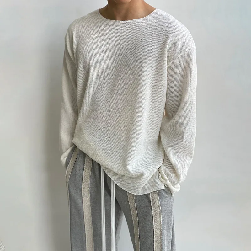 2026 Spring Fall Fashion Mens Knitting T Shirt Long Sleeve Crew Neck Knit Jumper Tops Men Vintage Solid Color Basic Knitted Tees