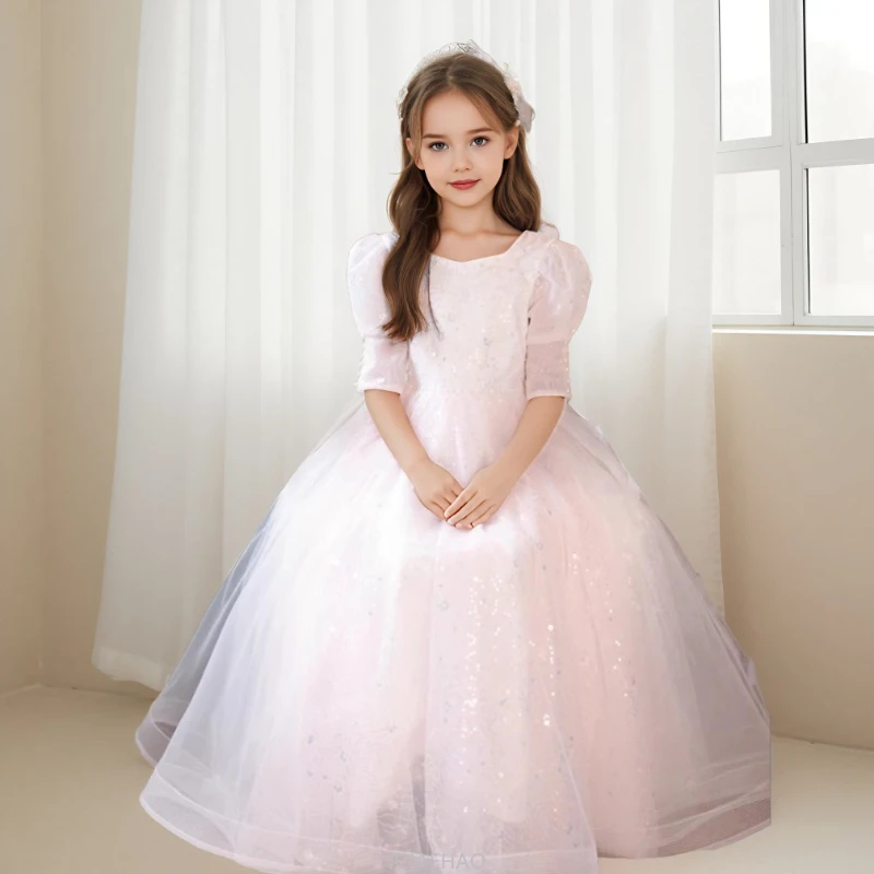 Wed Dress 2025 Pink Girls Pageant Dresses Vestido Costumes School Host Piano Kids Outfits Children Wedding Flower Princess Gown