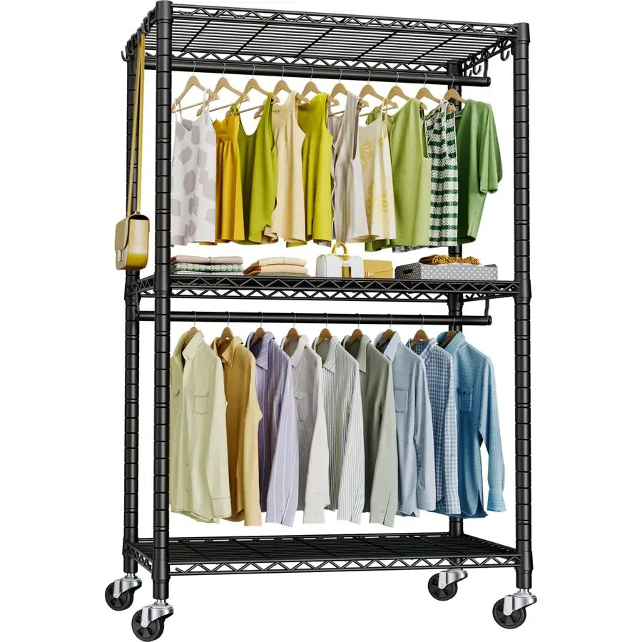 P3 Rolling Clothes Rack, Clothing Racks for Hanging Clothes, Heavy Duty Garment Rack with Wheels, Freestanding Portable Closet