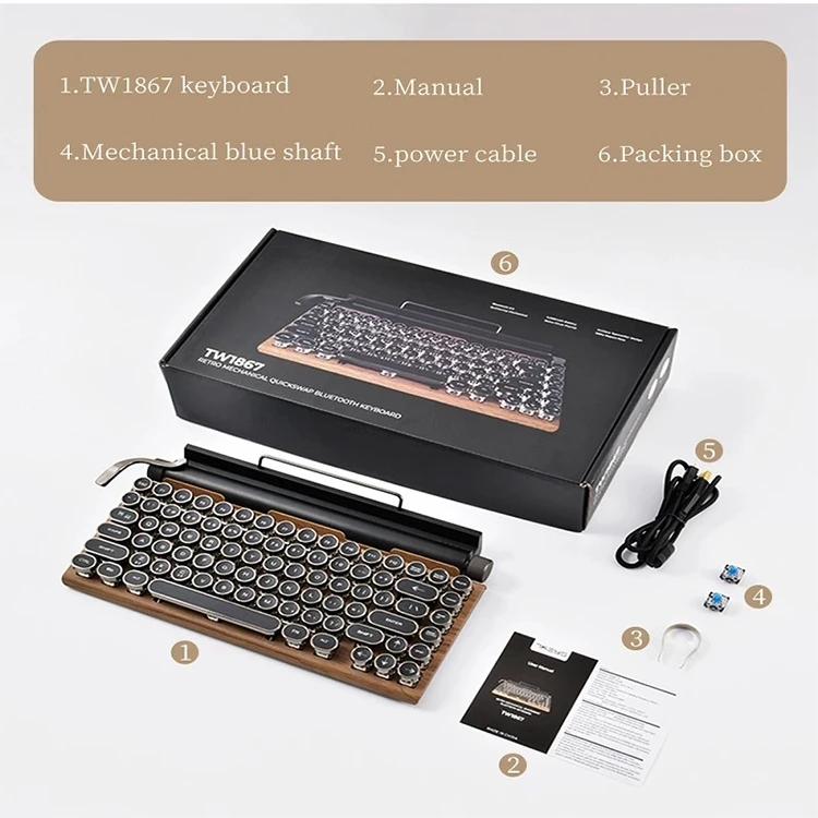 TW1867 Round Retro Punk Keycap Mechanical Wireless Keyboard (Black)