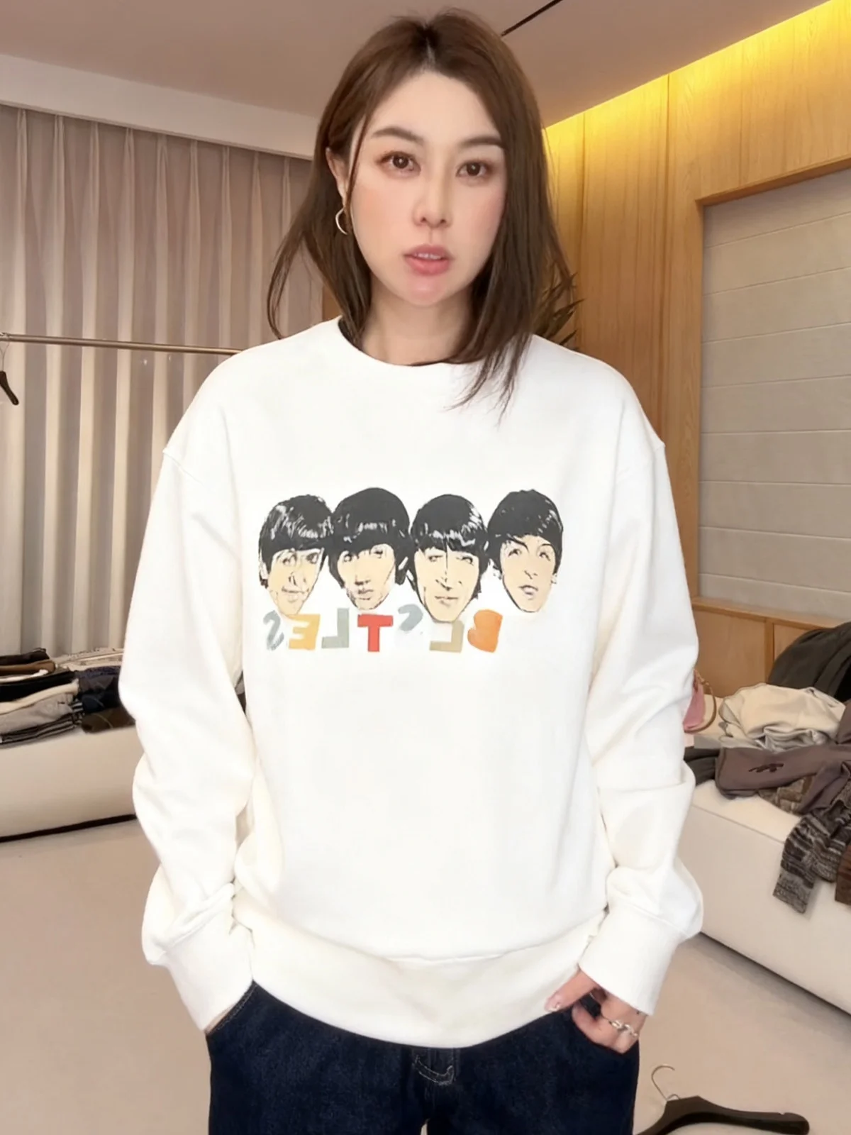 

Lin Rou Rou Vintage Band Portrait Hoodie Long Sve Women's Loose Base Layer Top Street Sle Thiened Cotton Polyester Blend