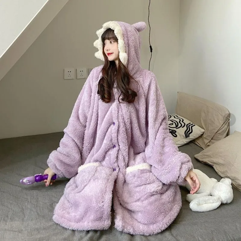 Shark Robe for Women Sleepwear Nightdress Winter Night Wears Warm Fleece Pajama One Piece Nightgown Button Long Sleeve Homewear