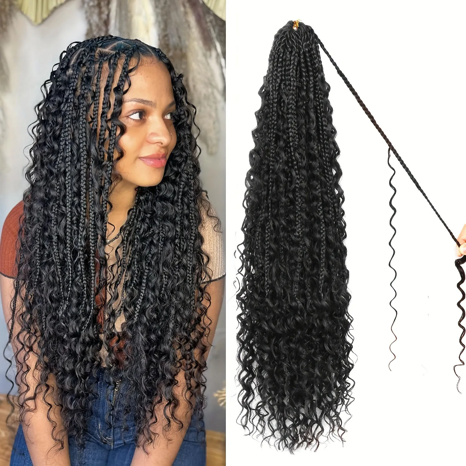 Boho Goddess Box Braids Crochet Hair 8 Packs Pre Looped Curly Ends Synthetic Braiding Hair Extensions 12/24 Inch 1B Black Protective Hairstyle for Women Daily Festival