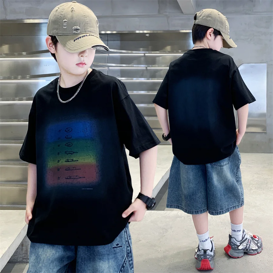 

New Summer Young Kids Casual Clothes Streetwear Print T-shirt Short Sleeve Tees Tops Boys Cotton Tshirts School Clothing 6-16Y