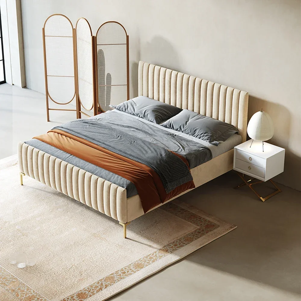 

L # Modern King Queen Size Velvet Upholstered Headboard Beds Princess Metal Bed Room Mattress Furniture Bedroom Set Designer