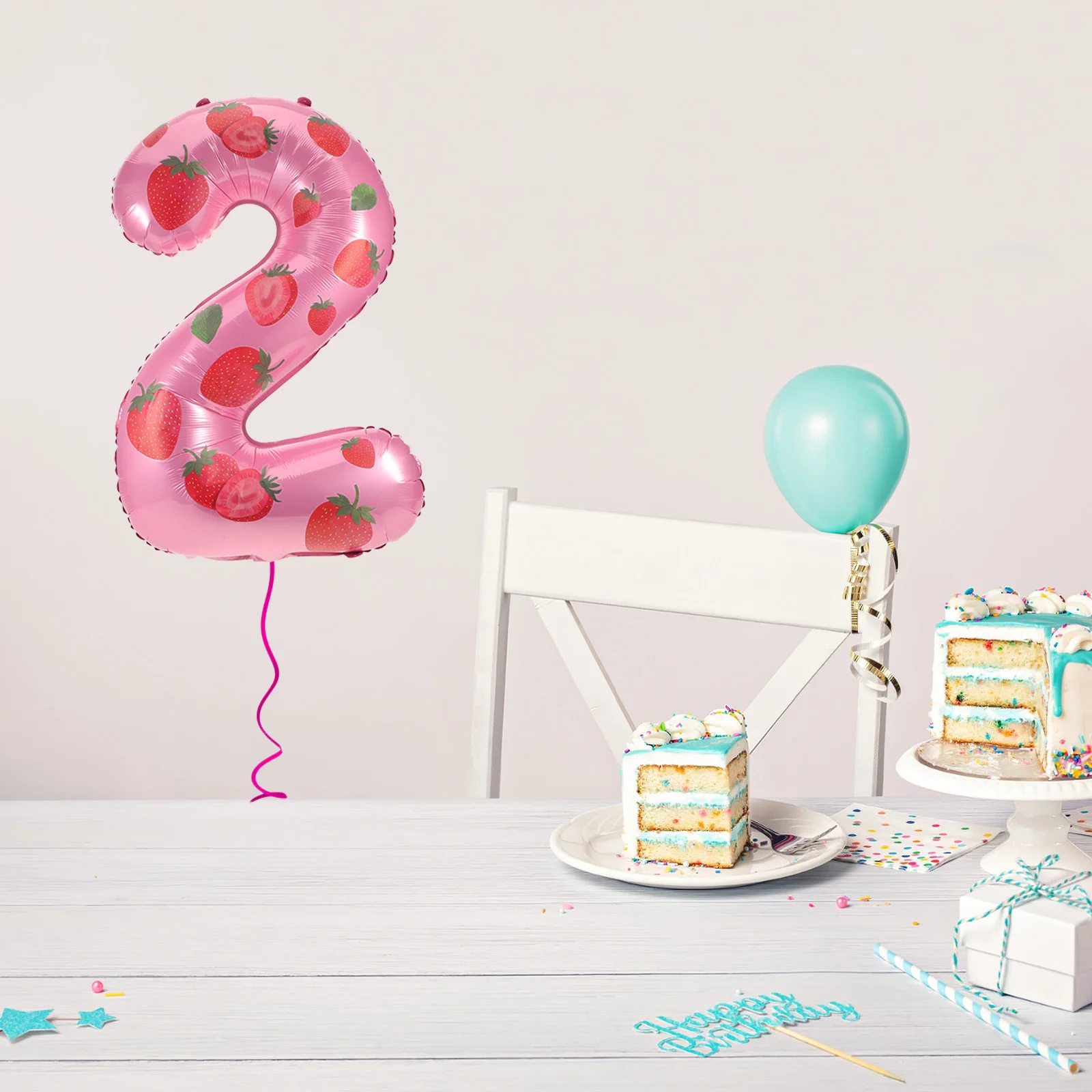 

4Pcs Strawberry Number 2 Balloons Large 32 Inch Foil Mylar Birthday Party Decorations Sweet Fruit Photo Backdrop