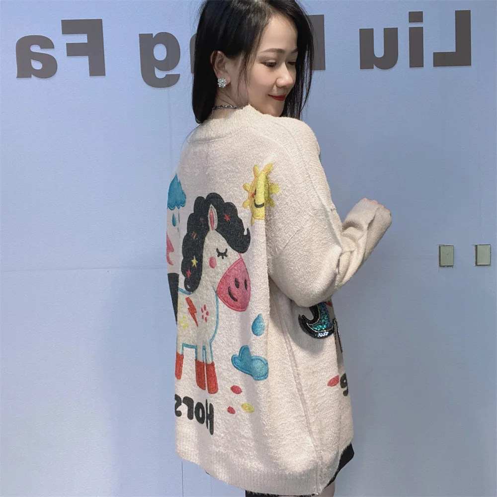 Casual Oversized Hoodies Women Clothes Cartoon Horse Beading Sequins Embroidery Long Sleeve Pullover Knitwear Loose Sweatshirt