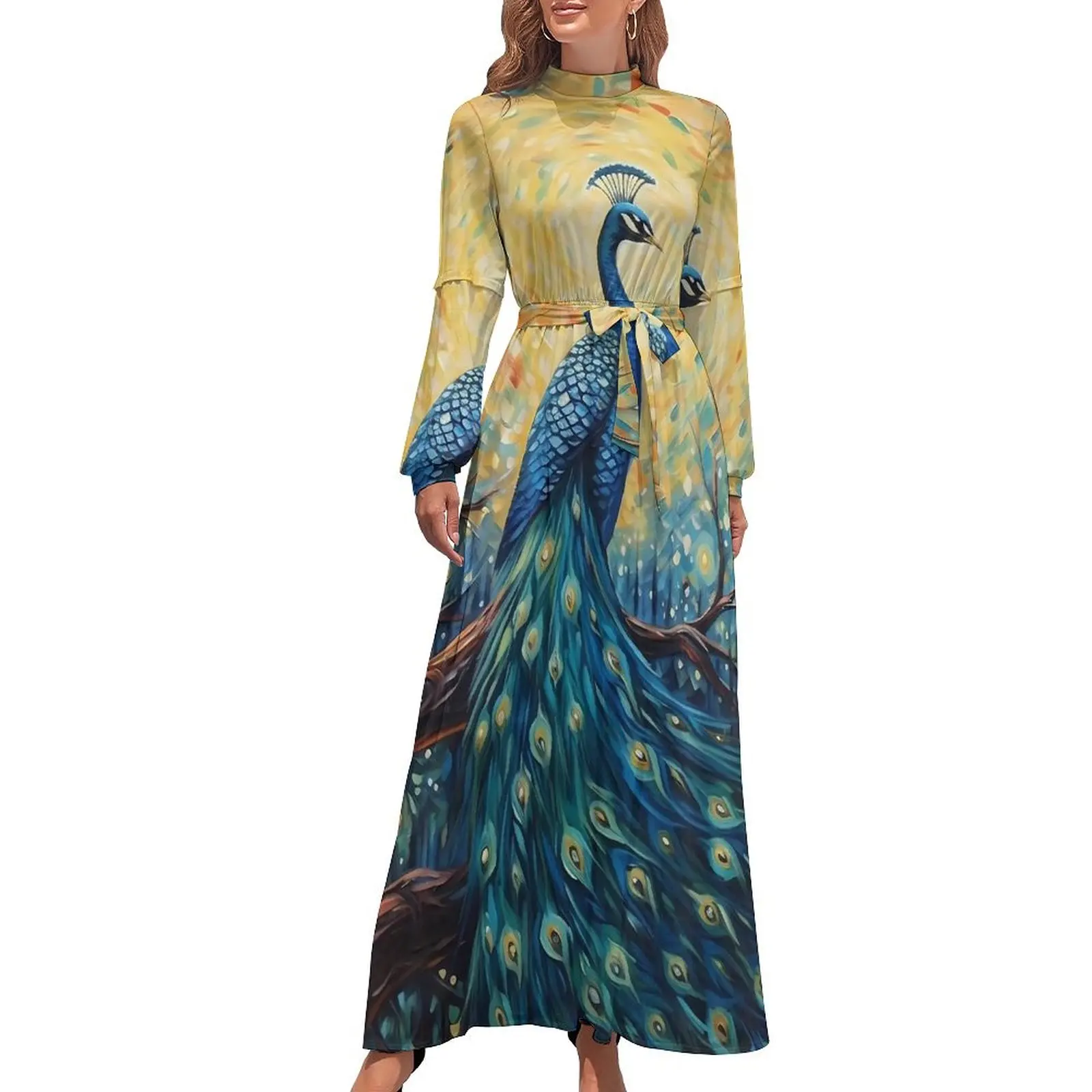 Fantasy Painting About Peacock Dress Long Sleeve Maxi Dress High Waist Street Fashion Boho Beach Long Dresses Birthday Gift