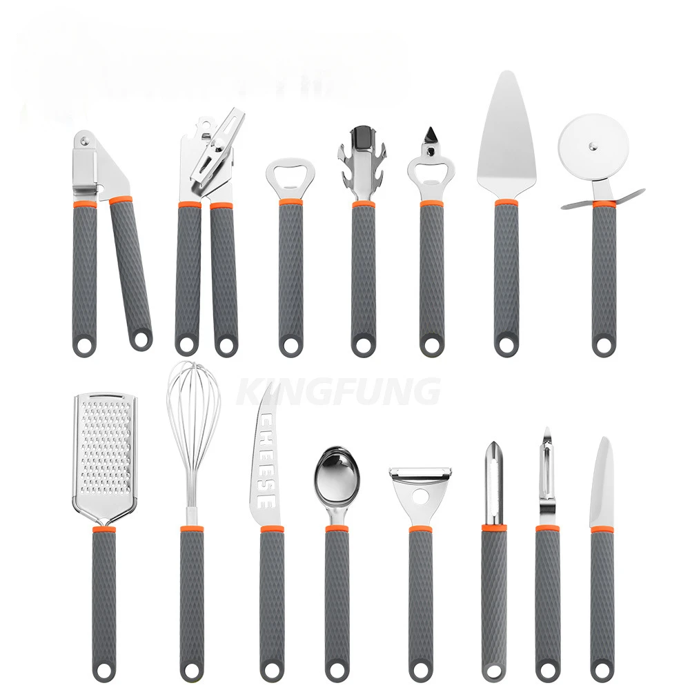 15 piece set of kitchen small tools - scraper, ice cream spoon, bottle opener, pizza cutter, stainless steel egg beater