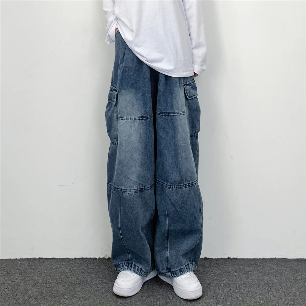 2024 New Hip Hop Four Seasons Trendy Wide Leg Bundle Leg Work Pants Straight Leg Loose Jeans Men's and Women's Pants