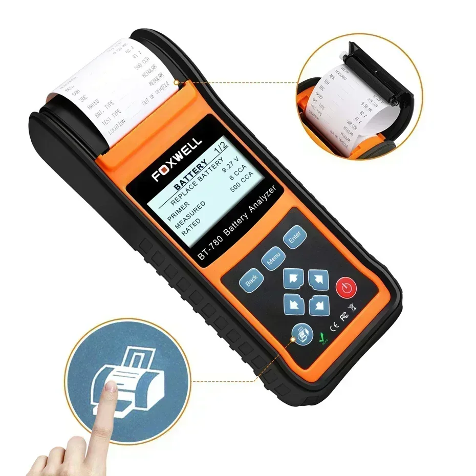 FOXWELL BT780 12V Battery Tester Car Capacity AGM/GEL/EFB Analyzer Battery Monitor Car CCA/SOC/SOH Test with Built-in Printer