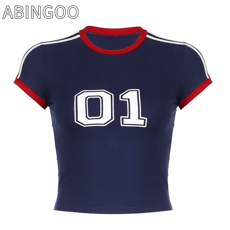 

ABINGOO 01 Digital Print Y2K Short Sleeve T Shirt Women Contrast O Neck Slim Cropped Tops Casual Cute Preppy Tees