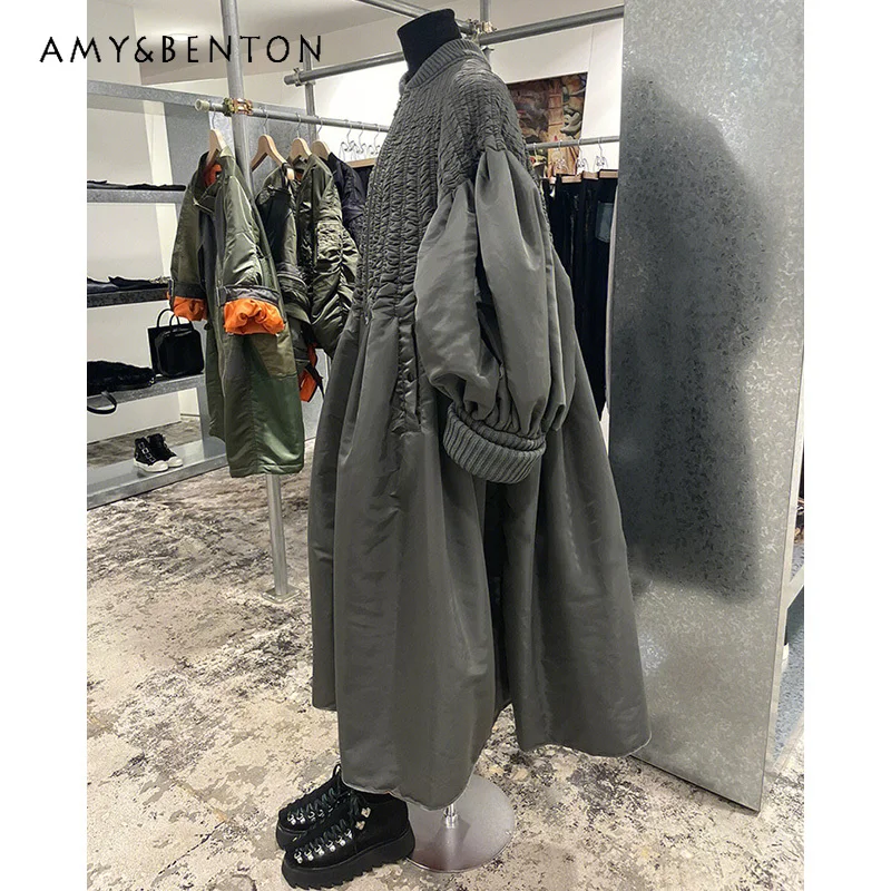 Autumn Winter High-end Temperament Retro Pleated Down Jacket Irregular Loose Lantern Sleeves Thickened Commuter Style Jackets