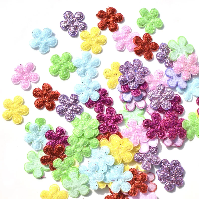 100Pcs Mix Colors Glitter Nonwoven Cute Flower Felt Fabric Patch DIY Cloth Appliques / Craft Wedding Decoration