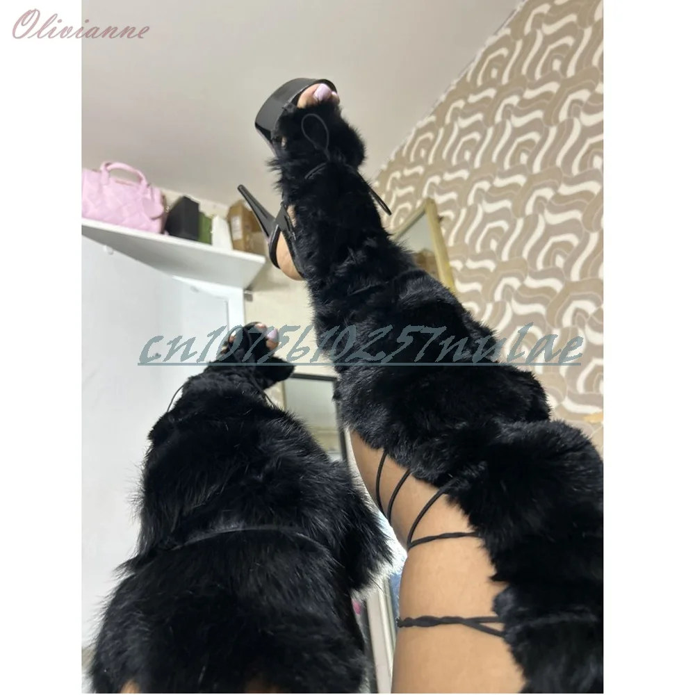 

Hot Black Fur Strappy Design Hollow Over the Knee Boots Open Toe Platform Stiletto High Heel Lace-up 2026 Zapatos Para Mujere