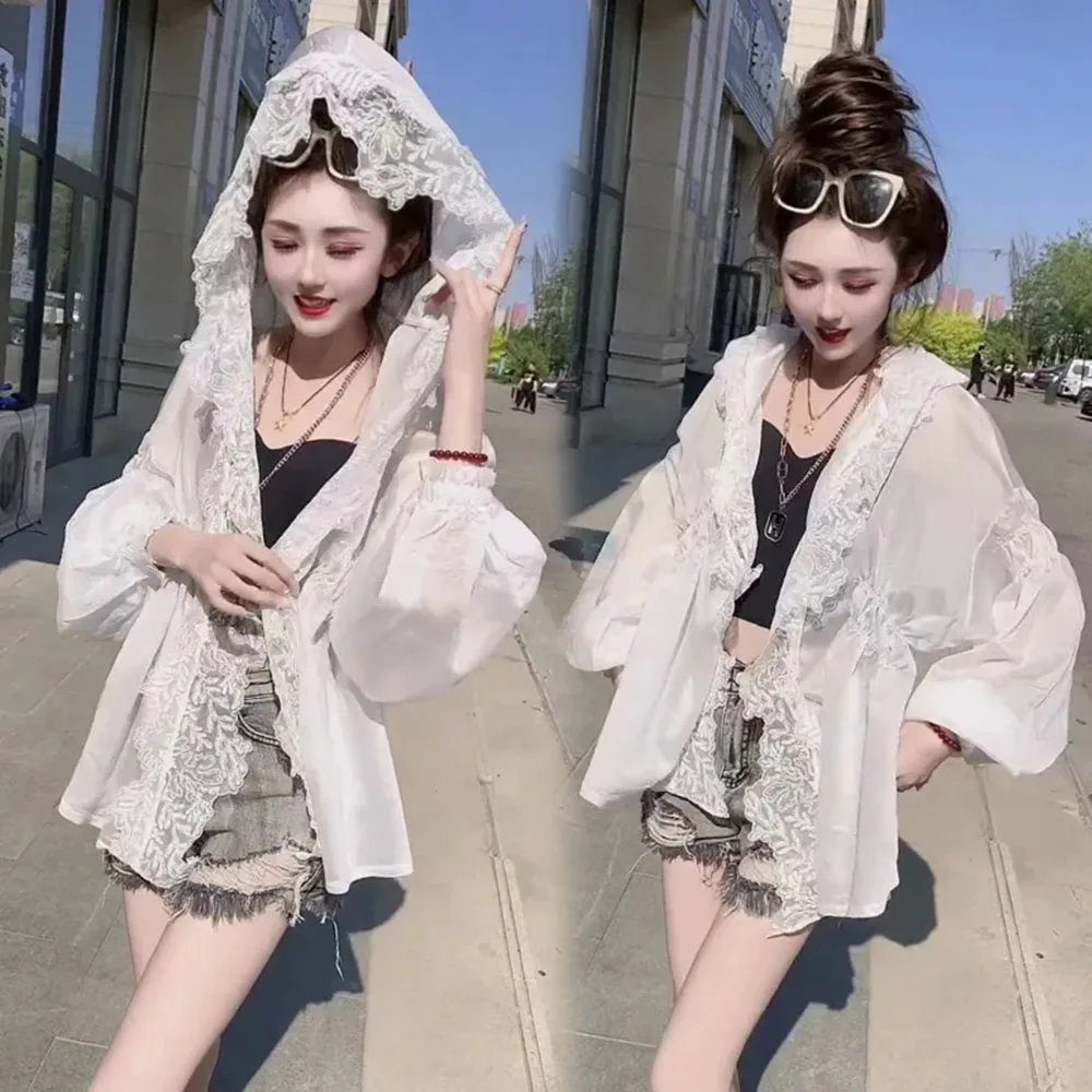 

European 2024 Summer New Korean Hooded Lace Chiffon Shirt Sunscreen Clothing Women's Loose Sweet Coat Lady Perspective Jacket