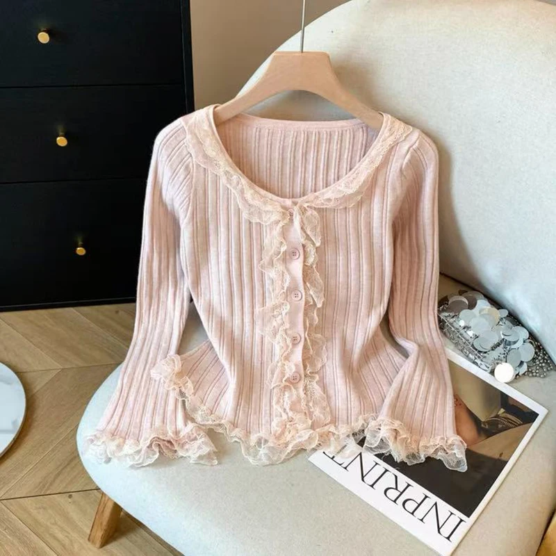 

Lace Patchwork Cardigan for Women Spring Slim Long Sleeves O Neck Base Tops Korean Sweet Ruffle Splicing Female Knitwear New