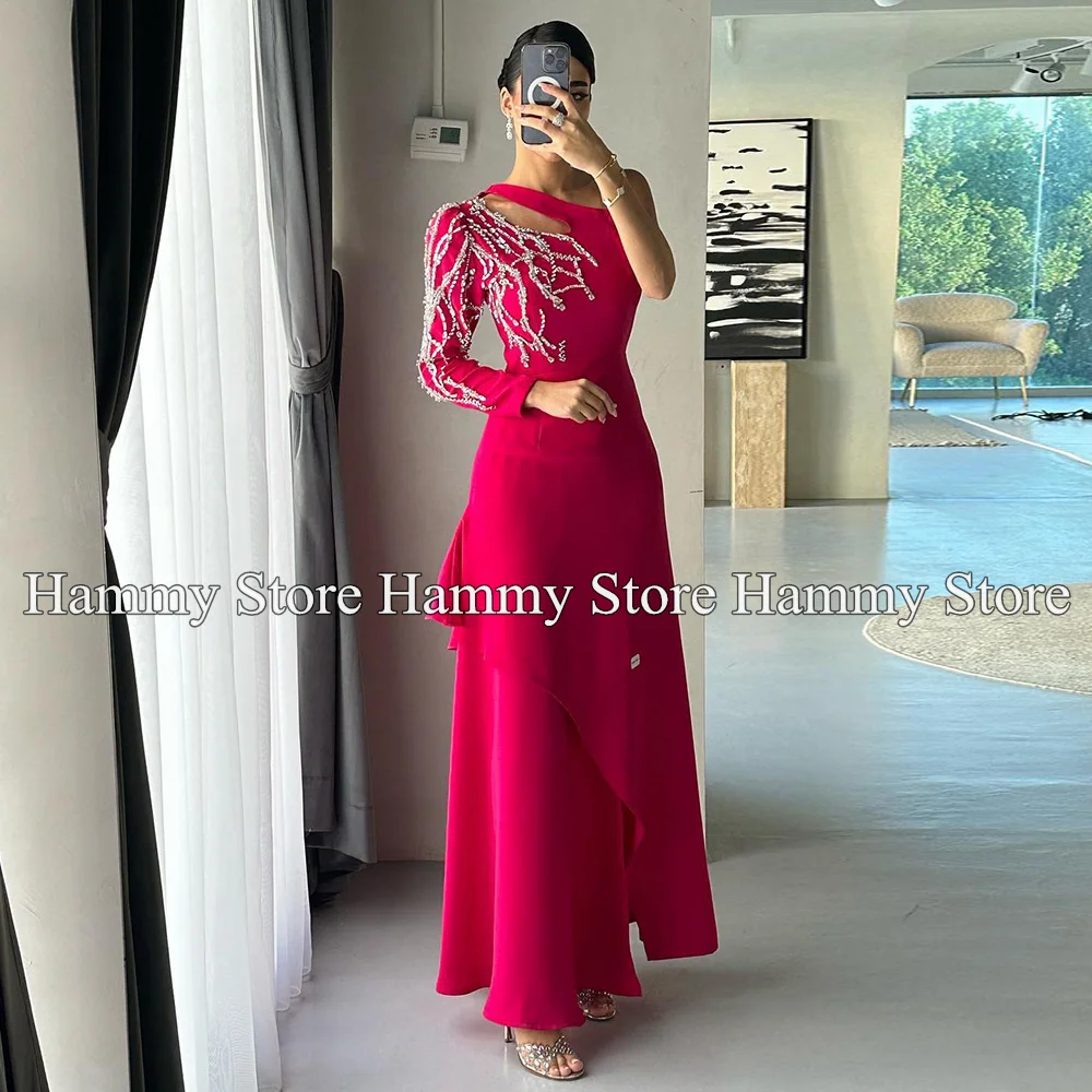 Yipeisha Saudi Arabic Evening Dress Dubai Party Gown One Shoulder Long Sleeves Beading Stones Ankle Length A Line Prom Dresses