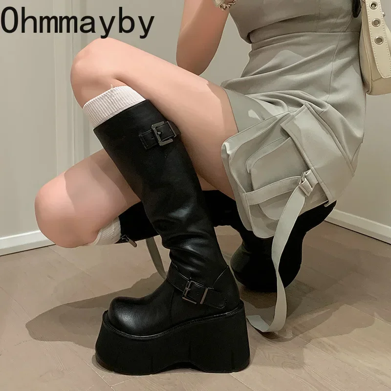 Masywny damski buty do kolan modne buty wsuwane buty na koturnie obcas długie botki jesienno-zimowy buty damskie